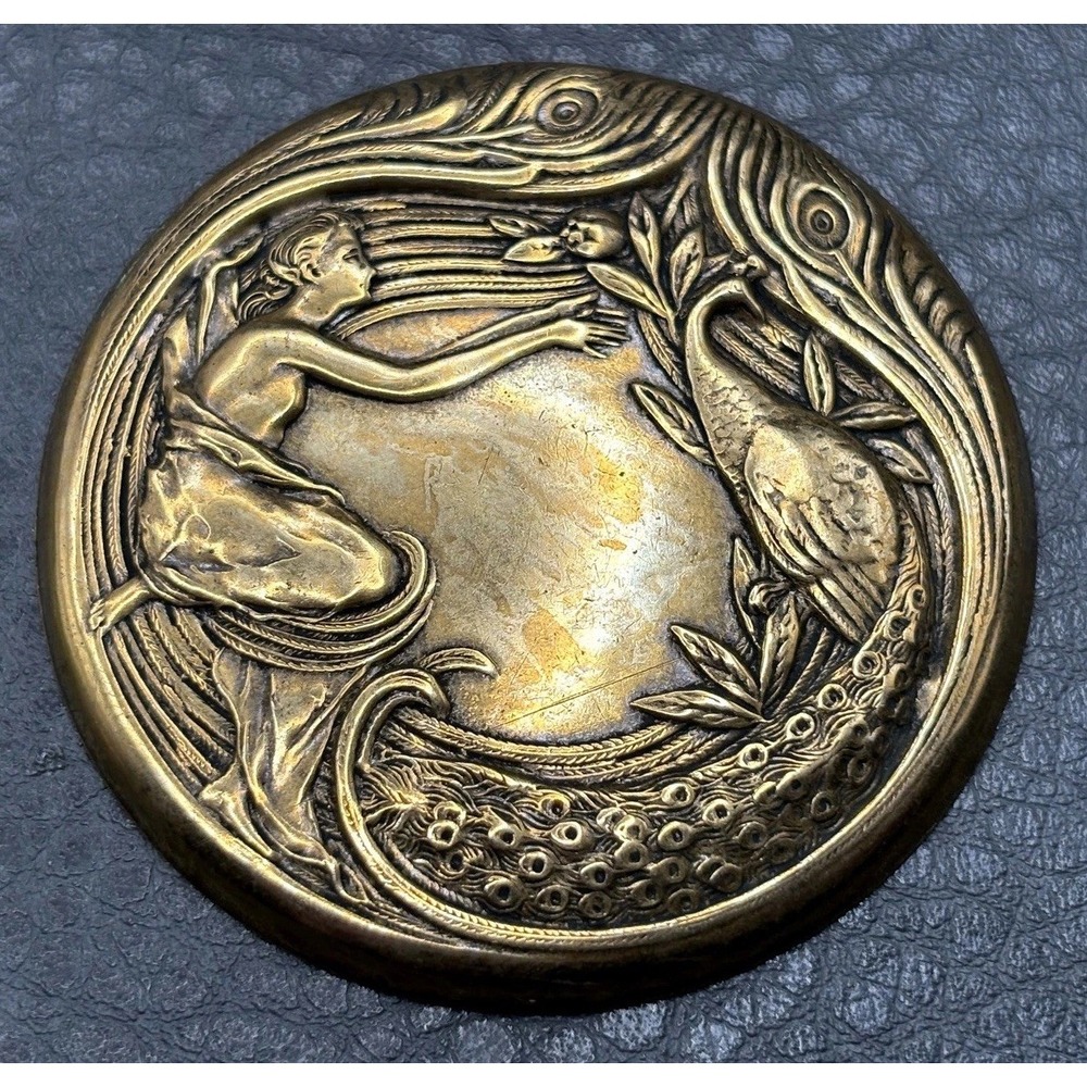 Vintage Art Nouveau Style Lady Peacock Brass Tone Brooch Pin - Picture 4 of 10